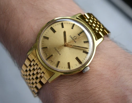 1970 Omega Geneve Men's Watch Gold Vintage Mechanical Bracelet Sunburst Dial