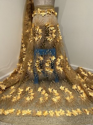 Gold Rust 3D Beaded Sequins Embroidery Lace Fabric 50  Width SOLD BY YARD