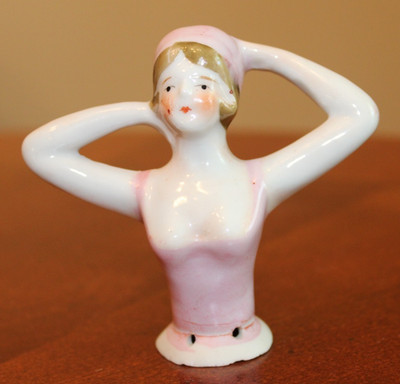 VINTAGE PORCELAIN HALF DOLL LADY BATHING BEAUTY WITH PINK TOP AND CAP