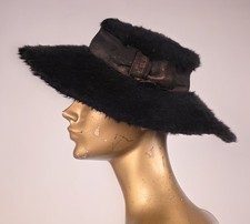 EDWARDIAN BLACK ANGORA FUR WIDE BRIM HAT W SILK GROSGRAIN RIBBON TRIM