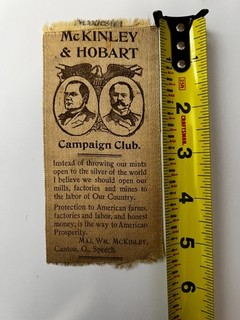 McKinley and Hobart antique silk campaign ribbon 1896 United States Presidential