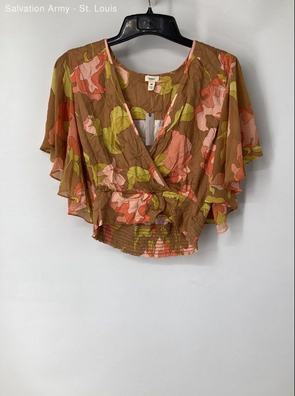 Tiny Womens Multicolor Floral Short Sleeve Surplice Neck Blouse Top Size Medium