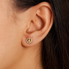 14K Yellow Gold Peace Sign Stud Earrings 6.9mm Push Back Lightweight Jewelry