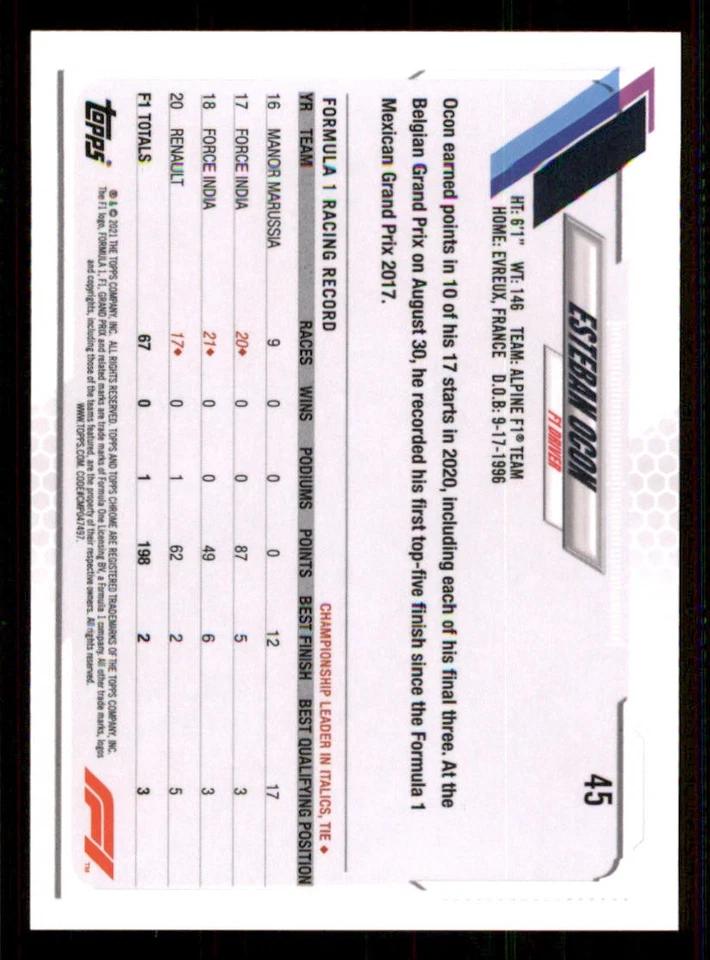 2021 Topps Chrome Formula 1 #45 Esteban Ocon - Image 2 of 2