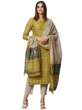 GoSriKi Women's Chanderi Cotton Straight Printed Kurta with Pant & Dupatta