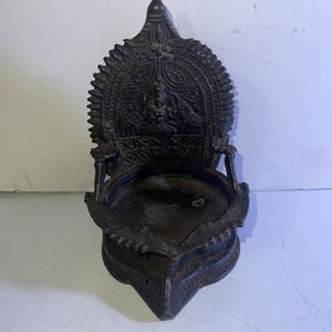 Antique Indian Gaja Lakshmi Bronze Oil Lamp Vintage Hindu Diya Religious Temple