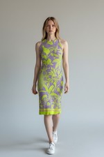 Farm Rio Anthropologie Cruise Dress S Lime Green Lavender Knit Midi Fitted