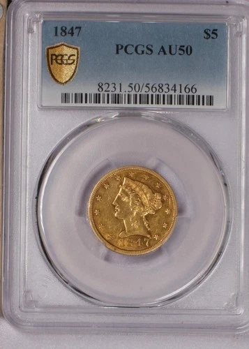 1847 Gold Liberty Head $5 PCGS AU50. Early date no motto Half Eagle.