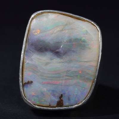 Vintage Large 50ct Australian Solid Boulder Opal Sterling Silver Ring T / 9.5