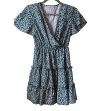 SHEIN Green Floral V-Neck Flutter Sleeve Tiered Mini Dress 2