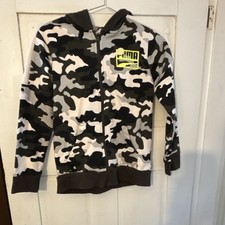PUMA Boys M 10-12 Black White Gray Fleece Full Zip Hoodie Camouflage Logo