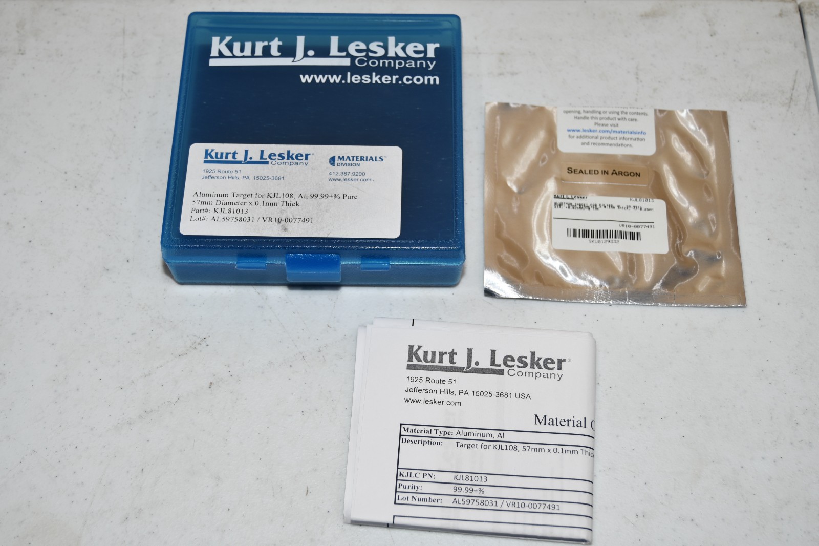 ^ Kurt J Lesker Aluminum Target for KJL108 AI 99.99+% Pure 57mm x 0.1mm #X8657
