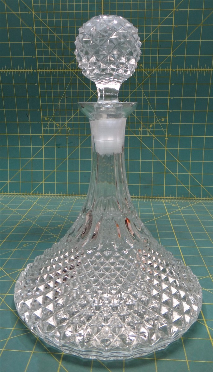 Vintage Crystal Faceted Diamond Pattern Ships Decanter with