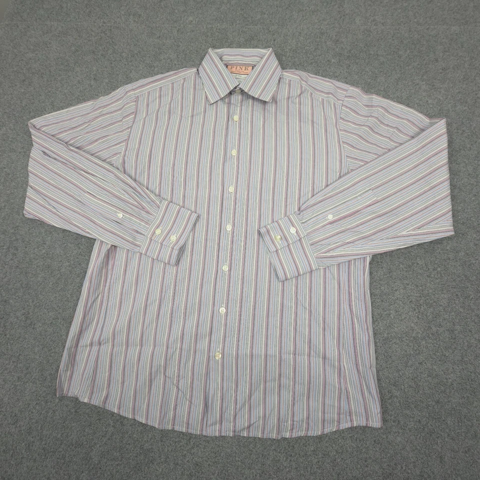 Thomas Pink Shirt Mens LARGE blue long sleeve striped button up collared Size L - Image 4 of 4