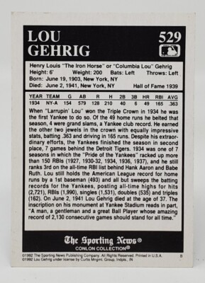 1992 Conlon Collection TSN Baseball Card # 529 Lou Gehrig New York