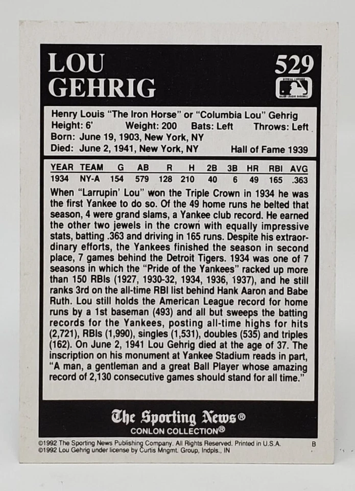 1992 Conlon Collection TSN Baseball Card # 529 Lou Gehrig New York Yankees 1927 - Image 2 of 2