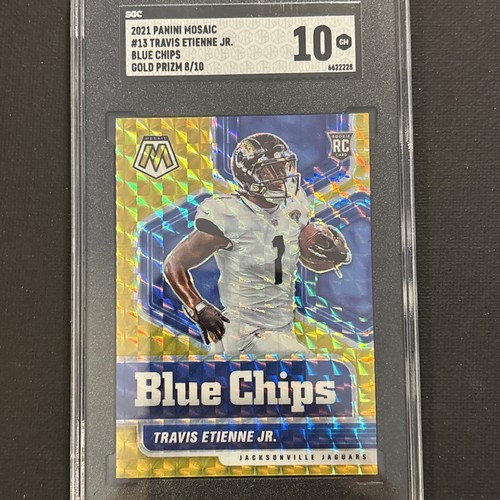 2021 Panini Mosaic #13 Travis Etienne Jr Blue Chips Hold Prizm /10