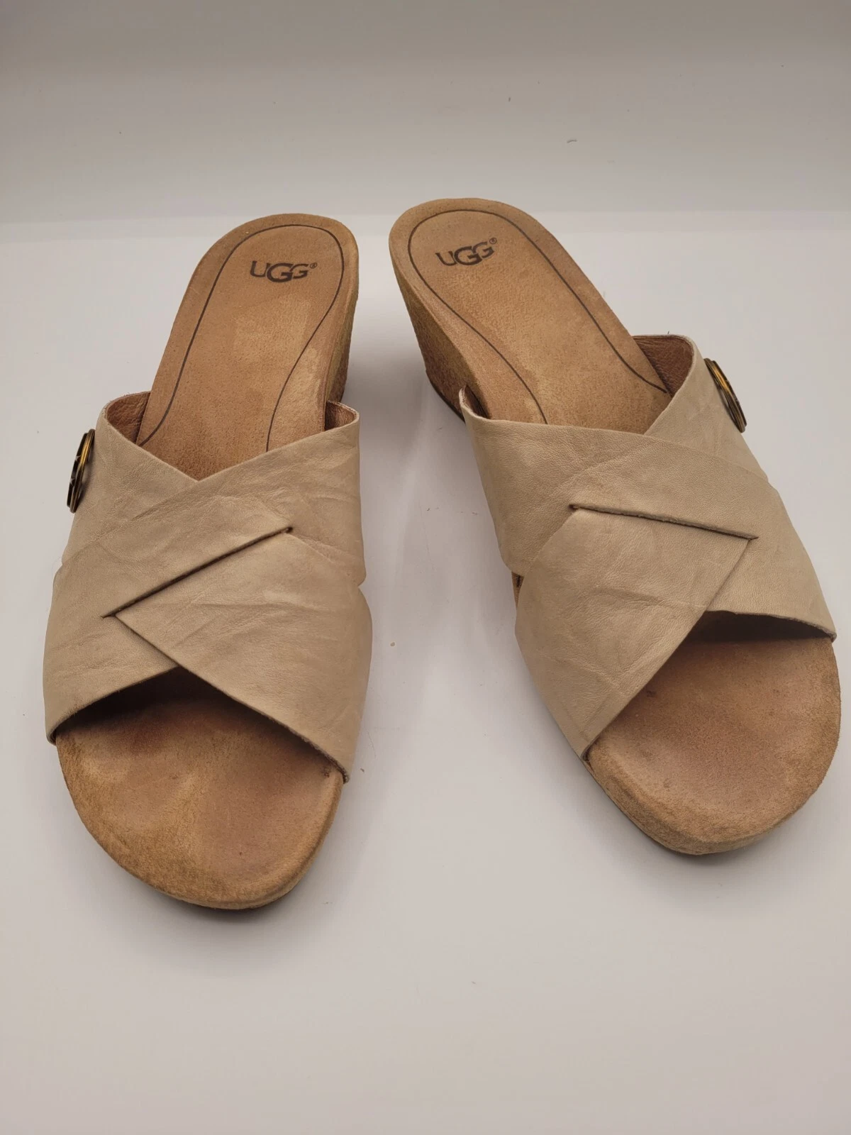 Sandali beige UGG Lyra taglia 8 zeppa tacco sughero pelle scamosciata slip on