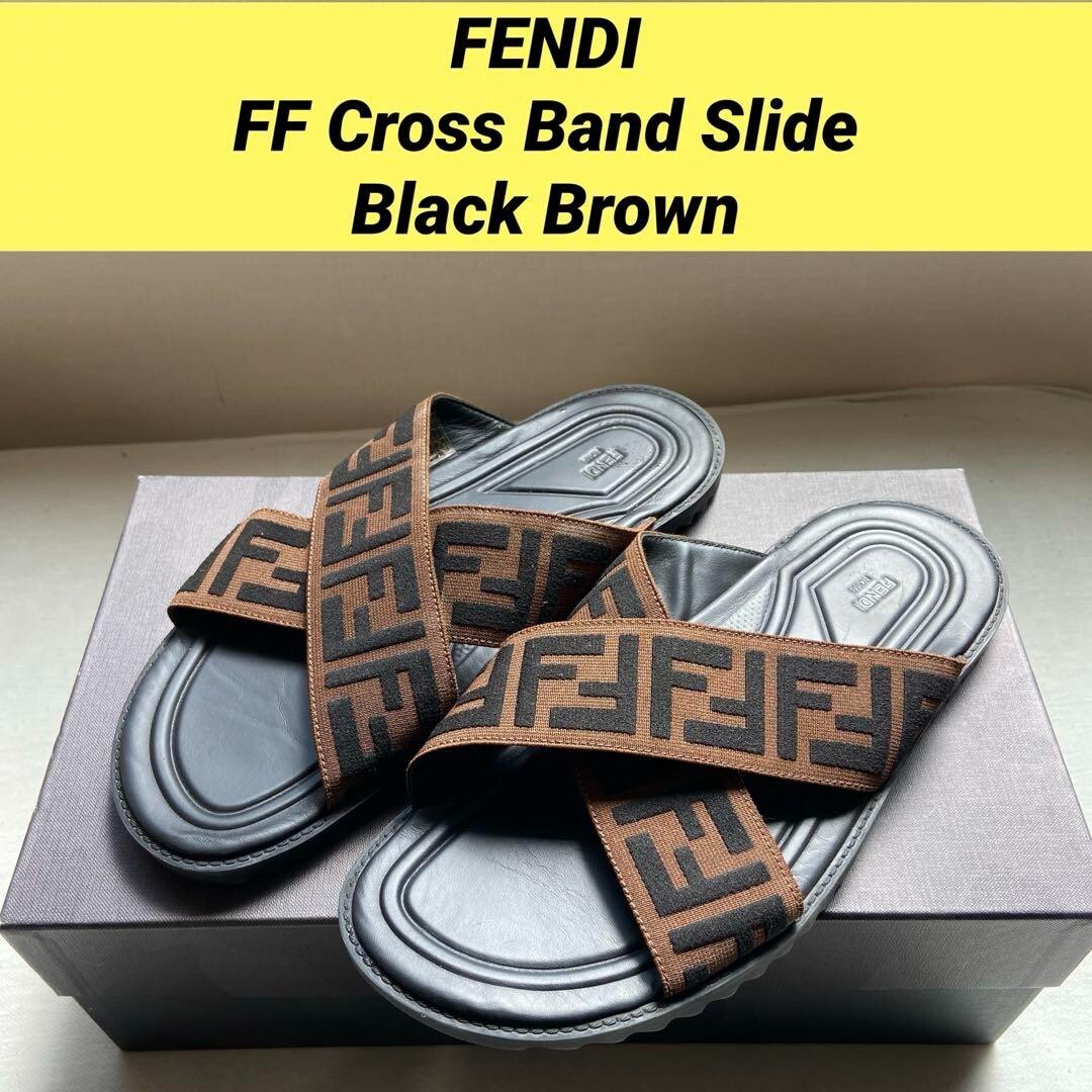 【美品】FENDI FF Cross Band Slide クロスベルトサンダル FENDI FF Cross Band Slide Black Brown