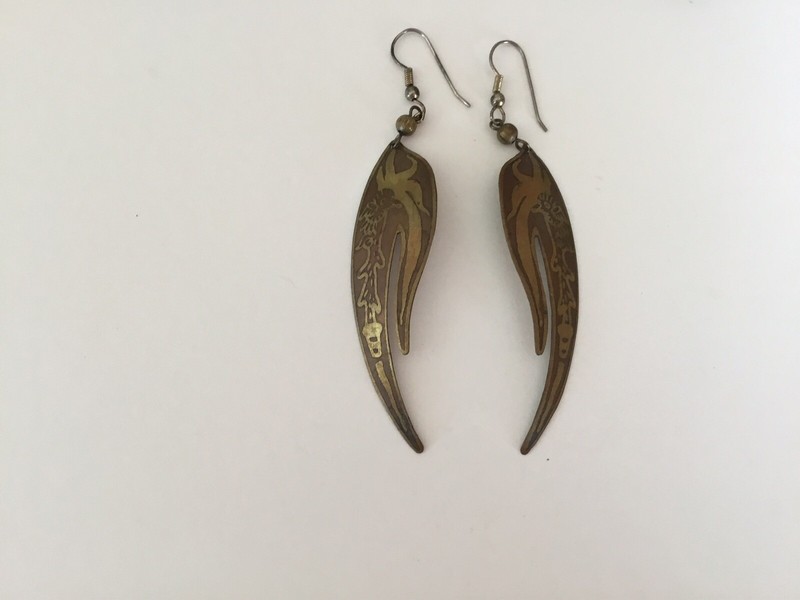 Elongated Thin Metal Earrings With Etched Design-brass/bronze Coloring