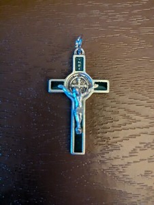 Saint Benedict Gorgeous Silver With Green Inlay Crucifix