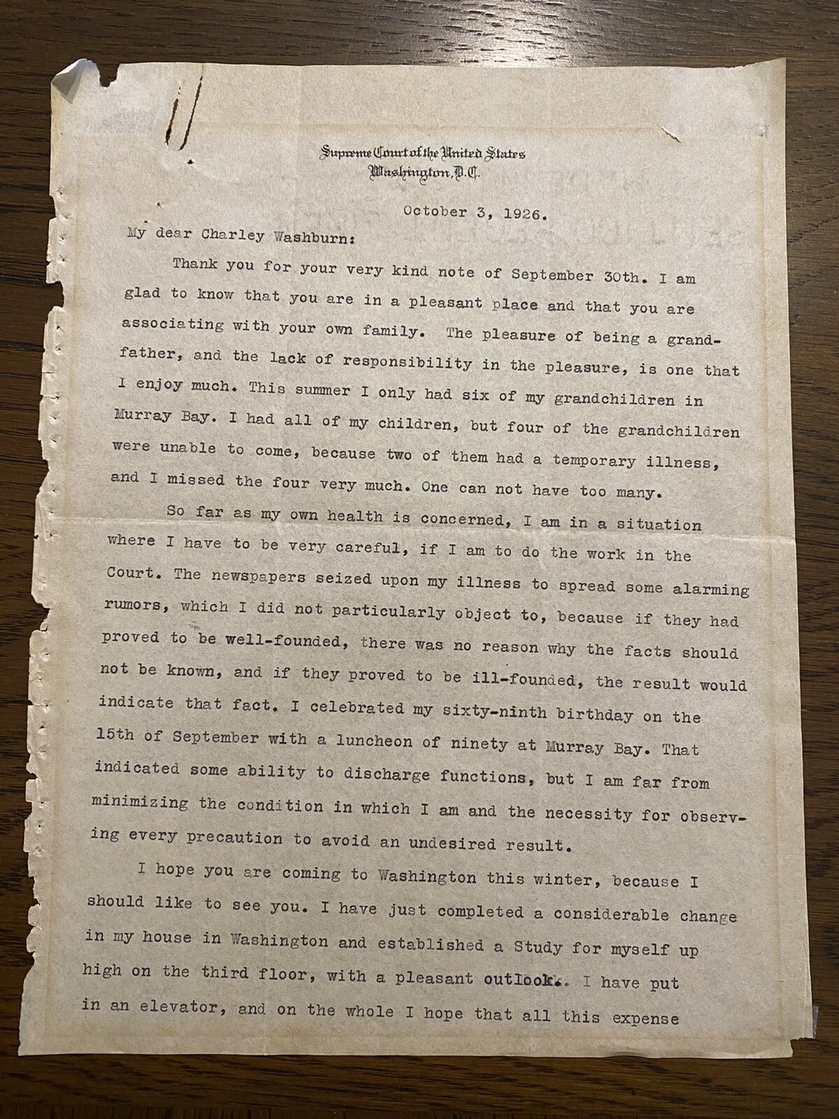 William H. Taft 1926 lettre dactylographiée signée juge en chef de la Cour suprême