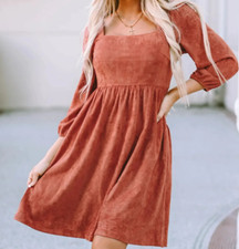 Bohemian Babydoll Dress Size Large Burnt Orange Suede Square Neck High Waist NWT
