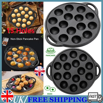 WALLPAPER-MASTER Pre-Seasoned Cast Iron 15-Hole Cake Pan Pancake Frying Grill Aebleskiver Pans UK