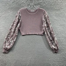 89th & Madison Blouse Women's Large Mauve Sheer Floral Print Sleeve Cropped Top