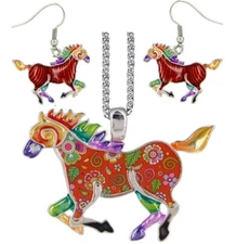 Colorful Horse Necklace and Earrings Set 24" Stainless Steel Chain Fast Shipping