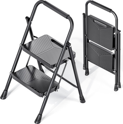 2 Step Ladder, Folding Step Stool with Safe-Lock Design, 500 Lbs Sturdy Steel La