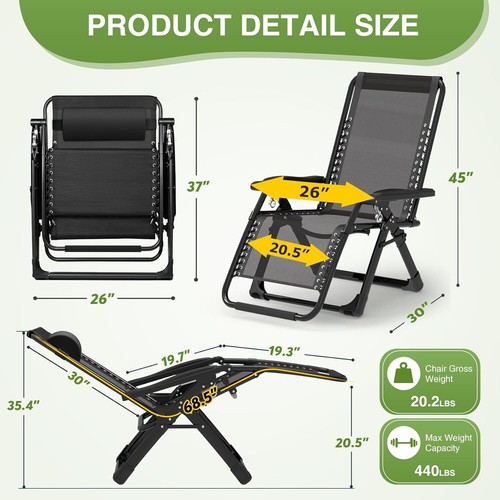 Zero Gravity Chair, Foldable Camping Lounge Chair with Removable Cushion - Picture 8 of 8