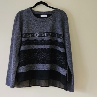 Intrend Max Mara Top Womens L Gray Black Pullover LS Lace Satin Sheer Whimsigoth