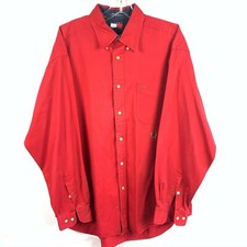 VINTAGE Tommy Hilfiger Button Up Shirt Men  s Large Red Embroidered Crest 90s