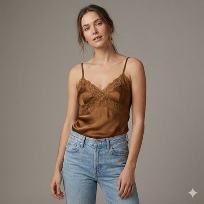 Express Design Studio Womens Small Silky Lace Trim V-Neck Cami Tank Top Brown 