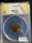 1911 P Lincoln Cent Wheat Penny 1c MS-63 BRN Brown MS63 ANACS Graded 1004