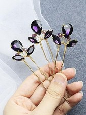 Rhinestone Hair Pins 3PCS Wedding Hair Pieces for Brides, Handmade Purple Gold