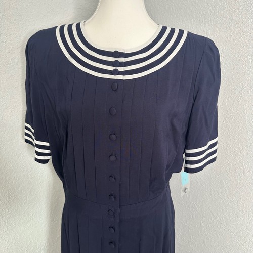 NWT Vintage Navy Blue Sailor Nautical Inspired Dress White Stripe Midi Womens 16 - Image 1