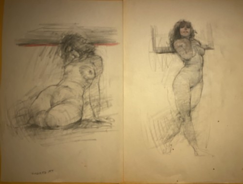 Max Turner 2 Unsigned Nude Females Charcoal Pencil Touch Of Color