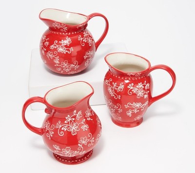 Temp-tations S/3 Mini Pitchers,Gravy,Syrup,Vase,Creamer FLORAL LACE RED H218805