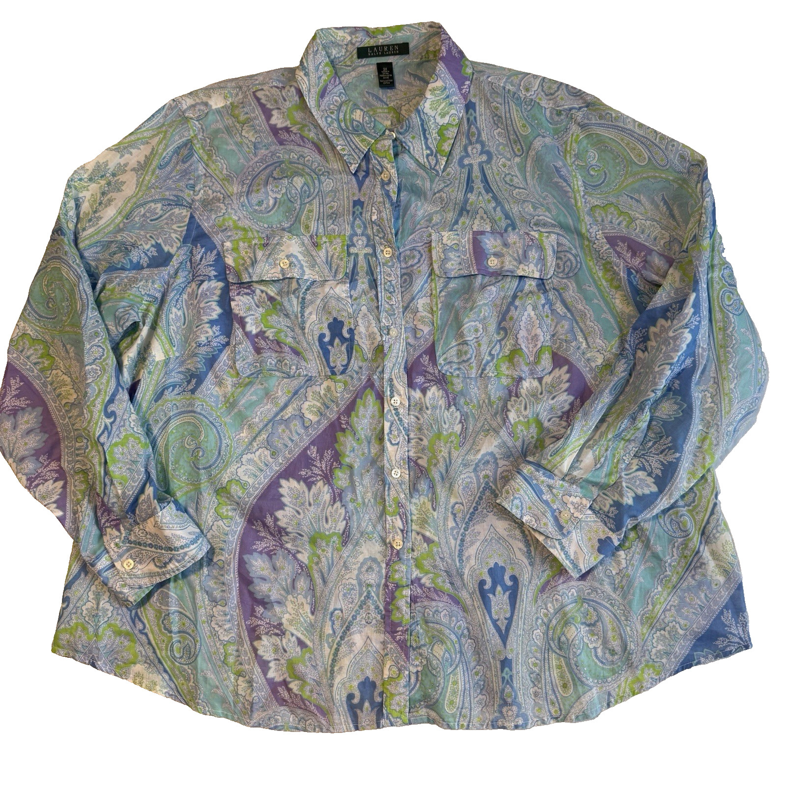 Lauren Ralph Lauren 2X Purple Teal Paisley Button Plus Shirt 100% Cotton Top RLR