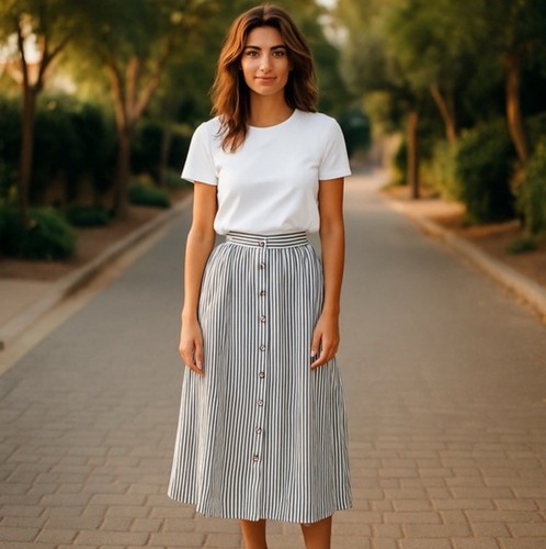 Draper James Midi Skirt L Black White Striped Flowy Cottagecore Modest ...