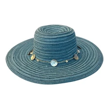 Panama Jack Straw Sun Hat Women's One Size Blue Shell Decor Summer w Strap Beach
