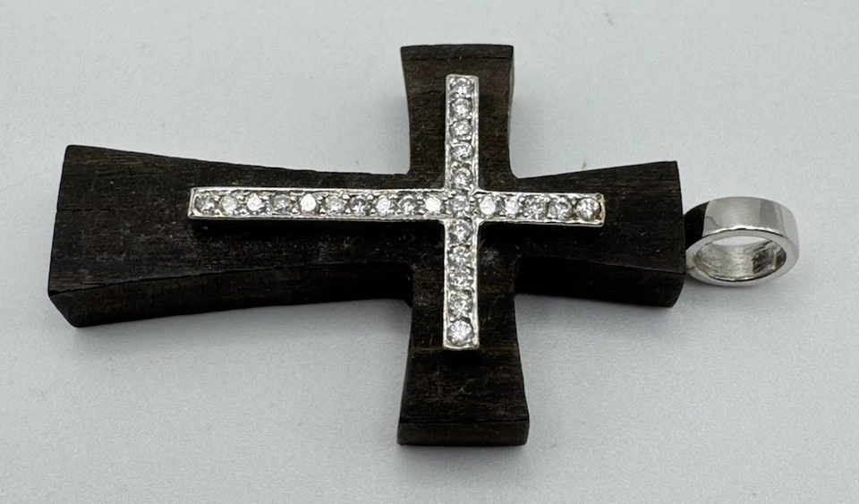 Beautiful 18k White Gold & Wood Diamond Cross Pendant 1 3/8” - Image 3 of 4