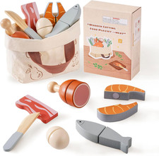 Wooden Play Food Cutting Meat  Eggs Set, Pretend Play Toy Food for Play Kitchen