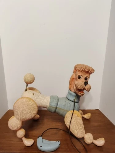Vintage 1963 Louis Marx Penny the Poodle  Walking Dog Pull Toy Pink &  Blue