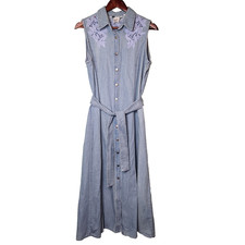 90s Denim Maxi Dress Sz 10 Sleeveless Button Front Belted Floral Cutwork Western