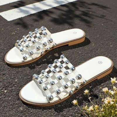 DAMEN FRAUEN NIETEN KÄFIG PANTOLETTEN FLACH SOMMER BLING SLIDER SANDALEN SCHUHE GRÖSSE