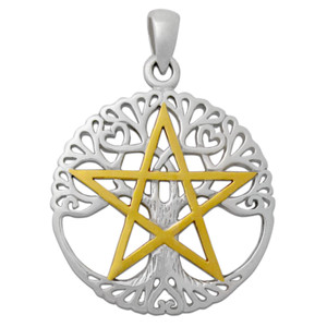 Authentic Sterling Silver Cut Out Tree Pentacle Pentagram Pendant Gold Plated Dryad Design