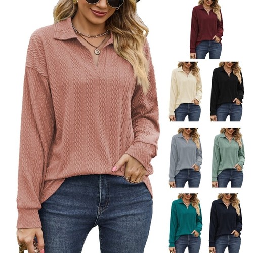 Women Blouses T-Shirt Tops Lapel Collar Blouses V-Neck Summer Loose Solid Tops